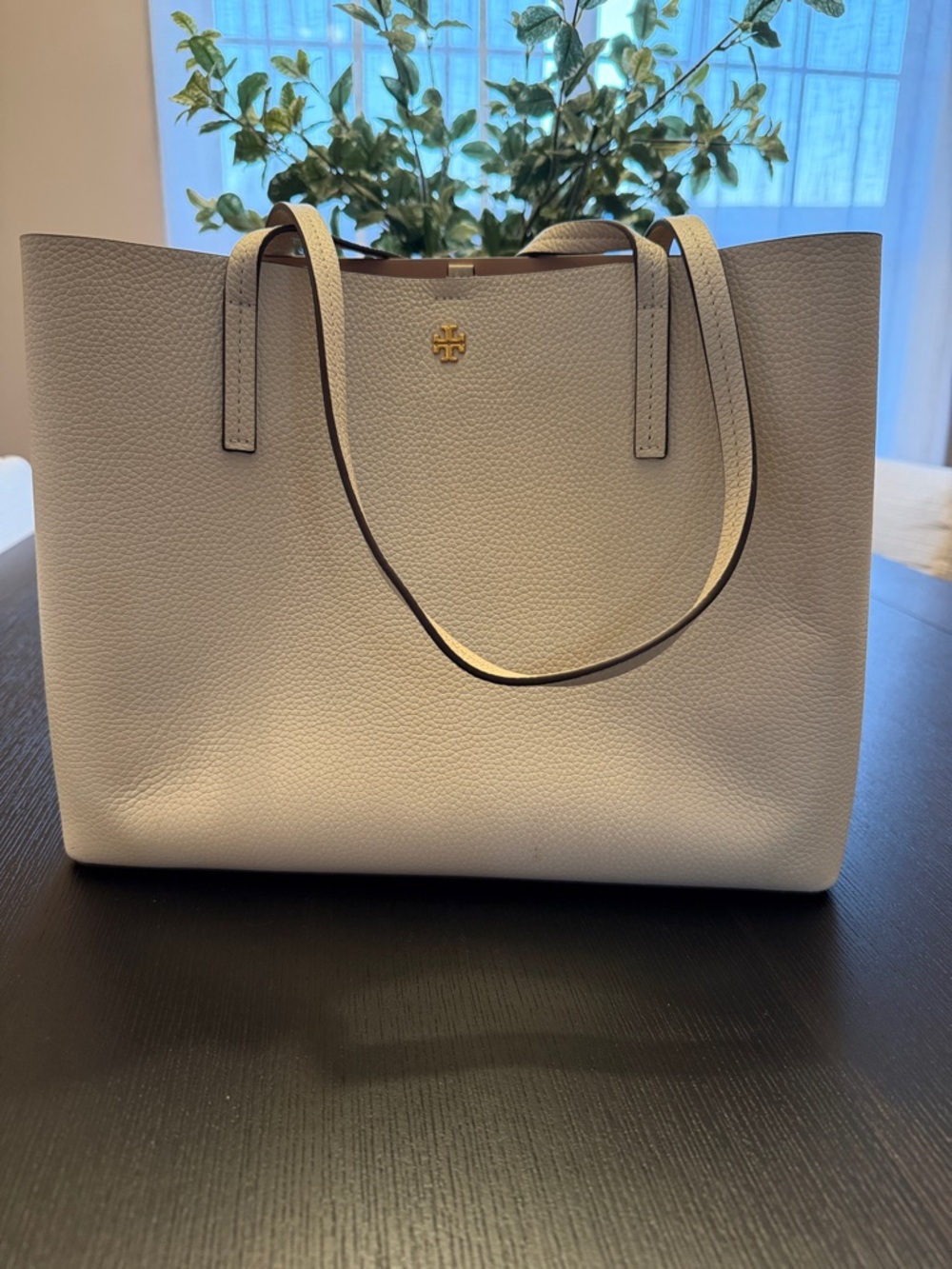 Tory Burch Ivory Pebbled Leather Tote with Gold Logo